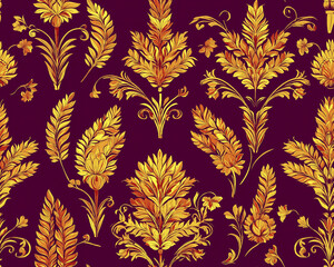 A sophisticated floral pattern with intricate golden leaves and flowers on a rich purple background.
