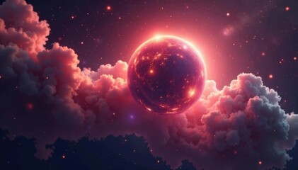 Glowing sphere drifting through interstellar gas and dust , nebula, cosmic glow, asteroid