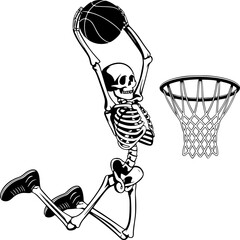 Skeleton Basketball Slam Dunk Vector – Bold Black and White Sports Artwork