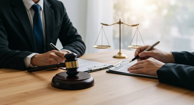 Legal Consultation and Document Review - Two lawyers review legal documents, a gavel rests nearby symbolizing justice and legal proceedings