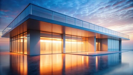 Fototapeta premium Modern architectural design showcasing a sleek, glass-fronted building with a rooftop terrace at sunset.