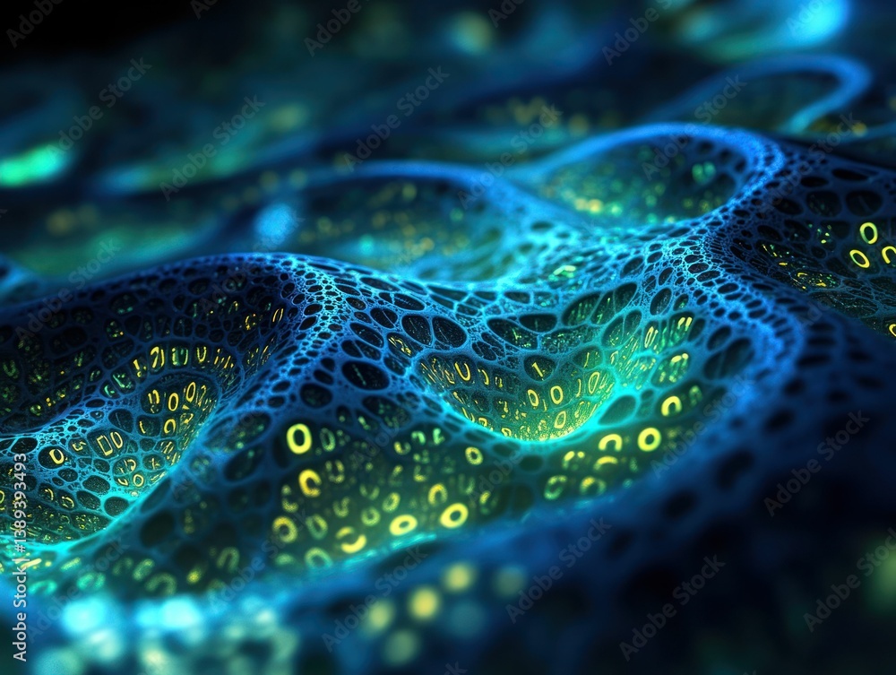 Poster abstract cellular network with glowing elements in undulating blue and teal design