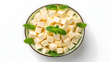 Bowl of Cubed Cheese with Fresh Mint Leaves on White Background