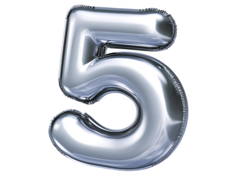 Silver Shiny Balloon Number Five Isolated on Transparent Background