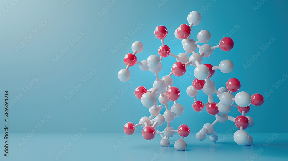 Poster 3d rendering of a molecular structure on a blue background with copy space, perfect for scientific a
