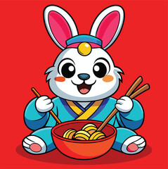 Cute Rabbit Cartoon Character Eating Noodles With Chopsticks In Asian Attire
