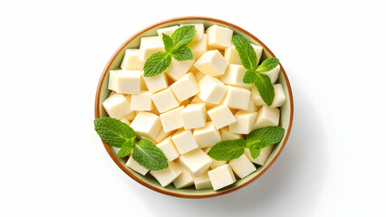 Bowl of Cubed Cheese with Fresh Mint Leaves on White Background