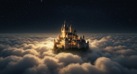 Naklejka premium Majestic Castle Above the Clouds - A breathtaking view of a majestic castle perched atop a cloud island, illuminated by a warm golden light under a starry night sky