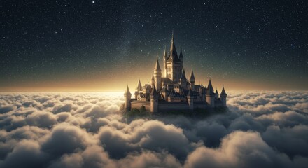 Naklejka premium Majestic Castle Above the Clouds - A breathtaking view of a majestic castle perched atop a fluffy cloud sea, under a starlit sky. Magical and serene