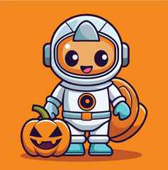 Cute Cartoon Astronaut With Halloween Pumpkin Illustration On Orange Background