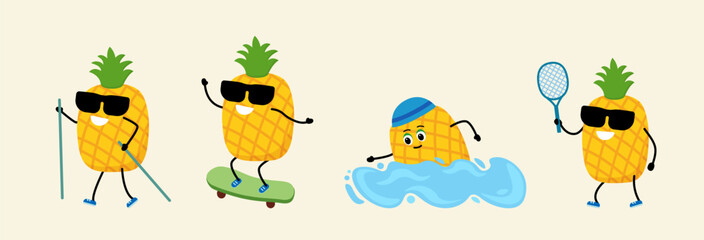 Outdoor sports. fitness. pineapple - swimming,Tennis. skateboard. nordic walking Cartoon, Happy Avocado. vector illustration in a flat style.