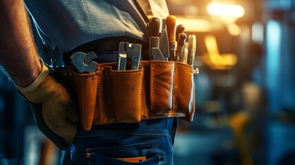 Neatly arranged tools on a technician's belt, showcasing precision and readiness for skilled craftsmanship.
