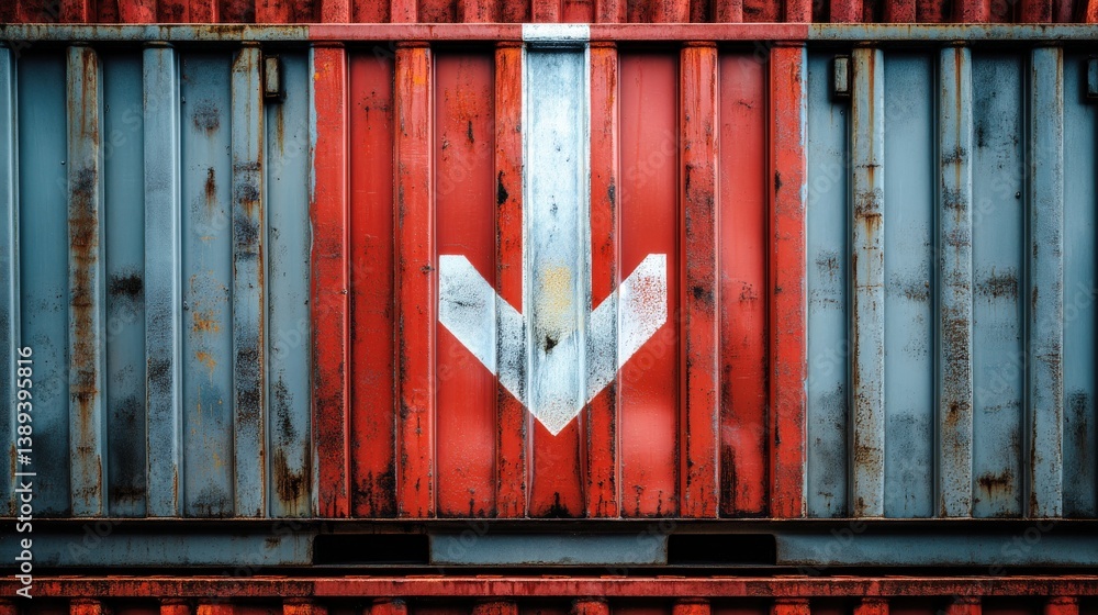 Poster import tariffs trade impact concept. rusty shipping container with an arrow design in red and blue.