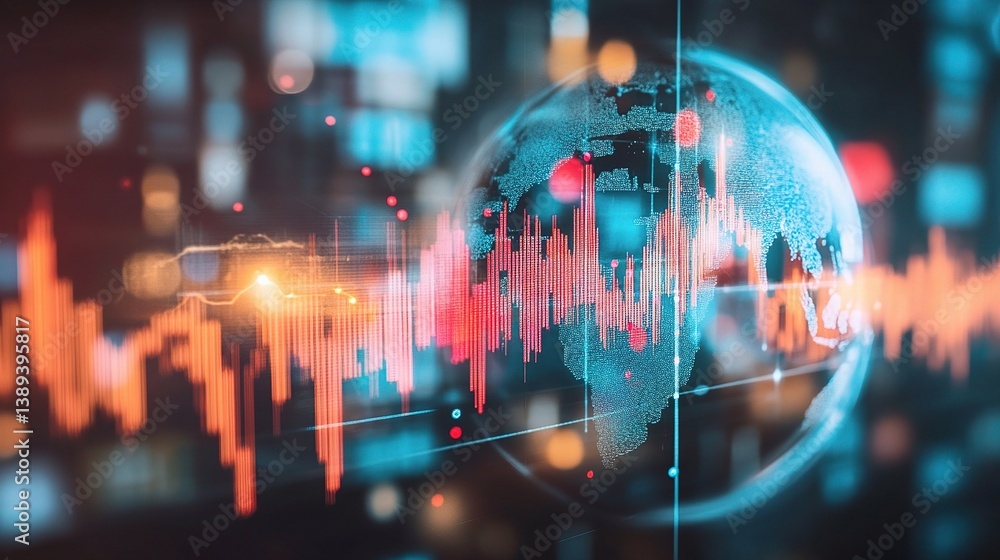 Poster interconnected globe with data visualization and double exposure effect