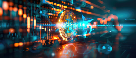 Investing in bitcoin for financial freedom, illustrated in a bull market analysis banner with charts and copyspace for text "crypto".