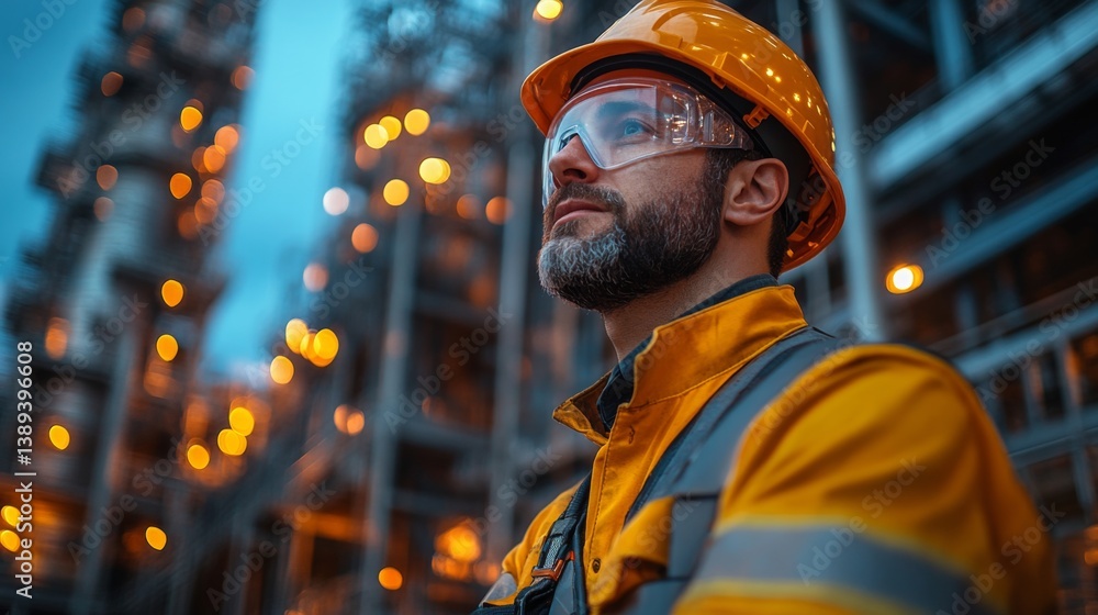 Poster miner in bright safety attire evaluates the construction of energy infrastructure at a powerplant si