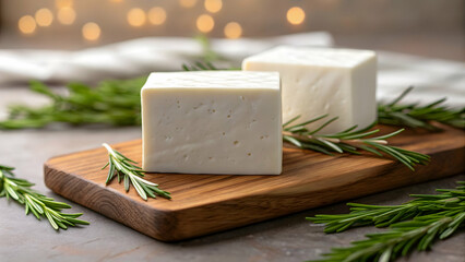 Feta Cheese Blocks on Wooden Cutting Board with Rosemary