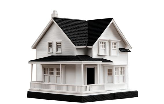 A white miniature house with a black roof and windows on a transparent background