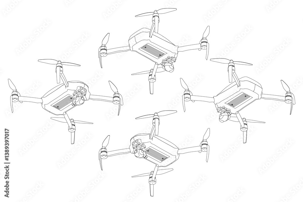 Poster four drones are flying in formation. the drones are all the same size and shape. they are flying in 