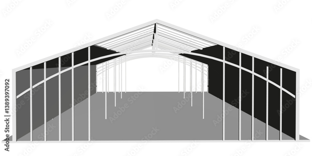 Poster a large, empty building with a lot of windows. the building is mostly white and black. scene is some