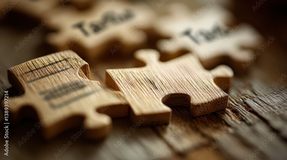 Poster import tariffs trade impact concept. wooden puzzle pieces on a table, symbolizing connection and pro