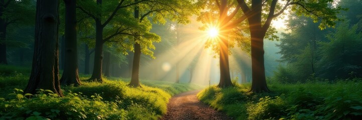 Obraz premium Panoramic forest with sunlight filtering through trees, forest, scenery