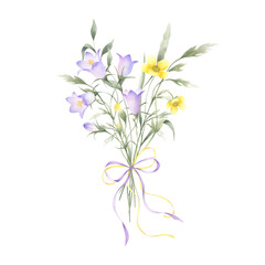 Bouquet of watercolor wildflowers bellflower, buttercup and meadow grasses tied ribbon bow. Hand drawn isolated illustration of yellow and lilac flowers for invitations, postcard, cards and stickers.