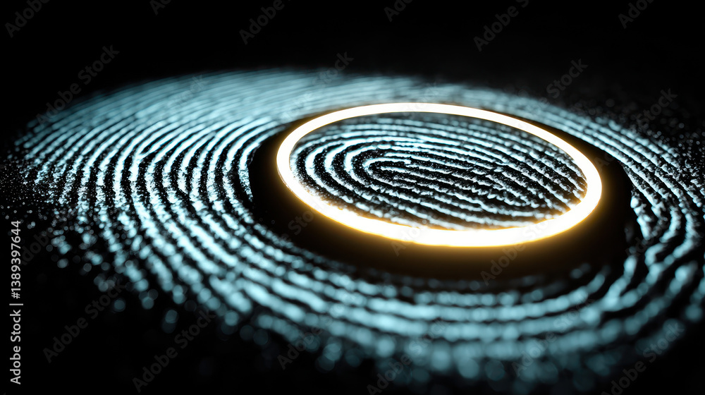 Poster close-up of a glowing fingerprint icon symbolizing advanced cybersecurity tech
