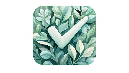 Png of Stylized green leaves with a checkmark symbol, representing nature and completion in design on transparent background.
