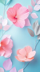 Obraz premium Delicate paper flowers and leaves gracefully adorn a soft blue backdrop