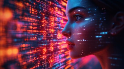 Woman's face over vibrant digital matrix with glowing patterns