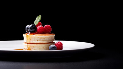 Delicious pancakes topped with fresh berries and syrup create delightful treat