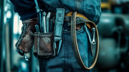Neatly arranged tools on a technician's belt, showcasing precision and readiness for skilled craftsmanship.
