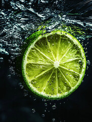 Underwater Lime Slice with Sparkling Bubbles in Dark Water