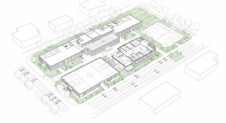 Modern School Campus Aerial View - Aerial perspective of a contemporary school complex, showcasing buildings, sports courts, and landscaping