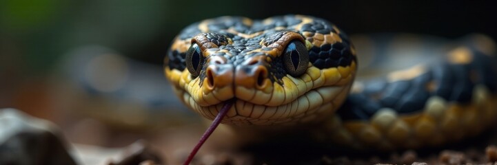 Fototapeta premium Snake's face closeup with vertical pupils and forked tongue out, reptile anatomy, viper species, sss sound effect