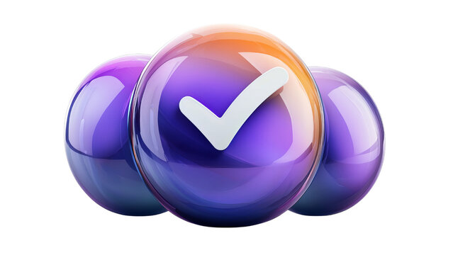 Png of Three glossy spheres in shades of purple with a white check mark, symbolizing approval and completion on transparent background.