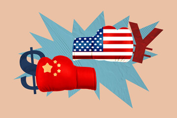 Creative artwork design 3D collage sketch of two hands punch money symbol dollars yuan government...
