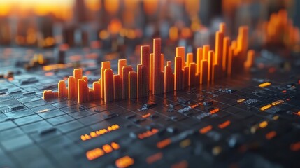3D orange histogram atop a digital surface with abstract patterns