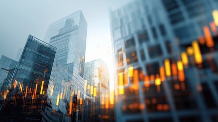 Fototapeta premium Abstract Financial Graph Overlaid on Cityscape with Double Exposure Effect