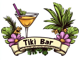 The logo is elegant in style, with the text "Tiki Bar", a margarita cocktail and tropical flowers in the background. A vintage ribbon banner with the bar name is displayed below on a white background.
