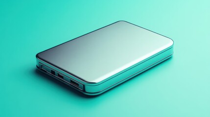 A sleek hard disk drive with a metal surface, placed on a light turquoise background