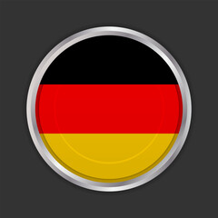 German flag button icon. Circular button design featuring the German flag, bordered by a metallic silver frame. Vector icon, EPS10