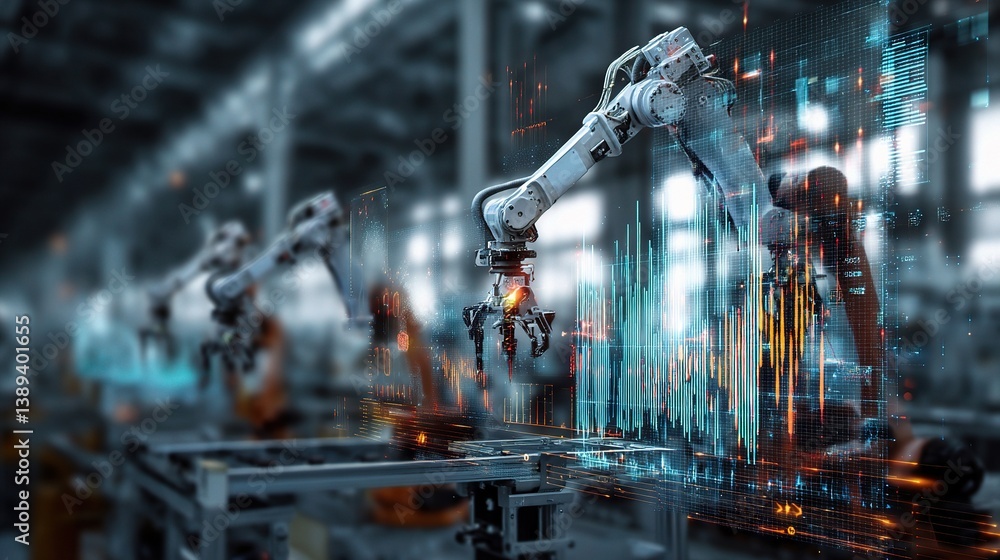 Poster advanced industrial robots working in factory environment with technology