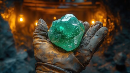 Miner holding a raw emerald crystal in a dark cave illuminated by warm lights. Precious gem, mining emeralds, underground, crystal discovery, gemstone, mining industry
