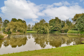 Fototapeta premium A tranquil scene showcasing lush green trees surrounding a calm pond under a bright blue sky, reflecting nature's beauty in a peaceful environment.