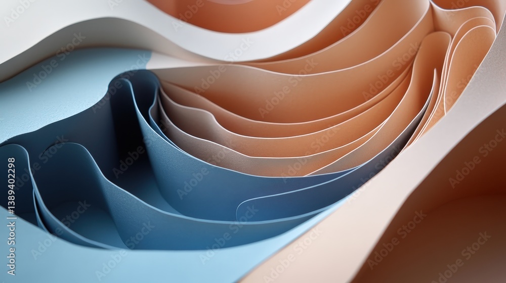 Poster a layered paper-cutout effect with elegant, organic curves and subtle shadows, creating a minimalist