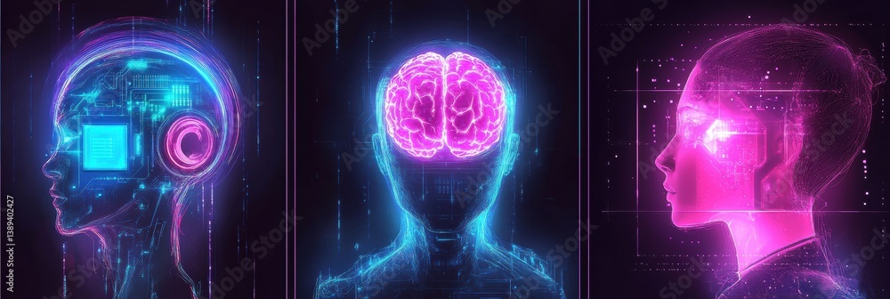 Fototapete exploring the integration of ai through a robot, microchip, and digital brain showcased on holograph