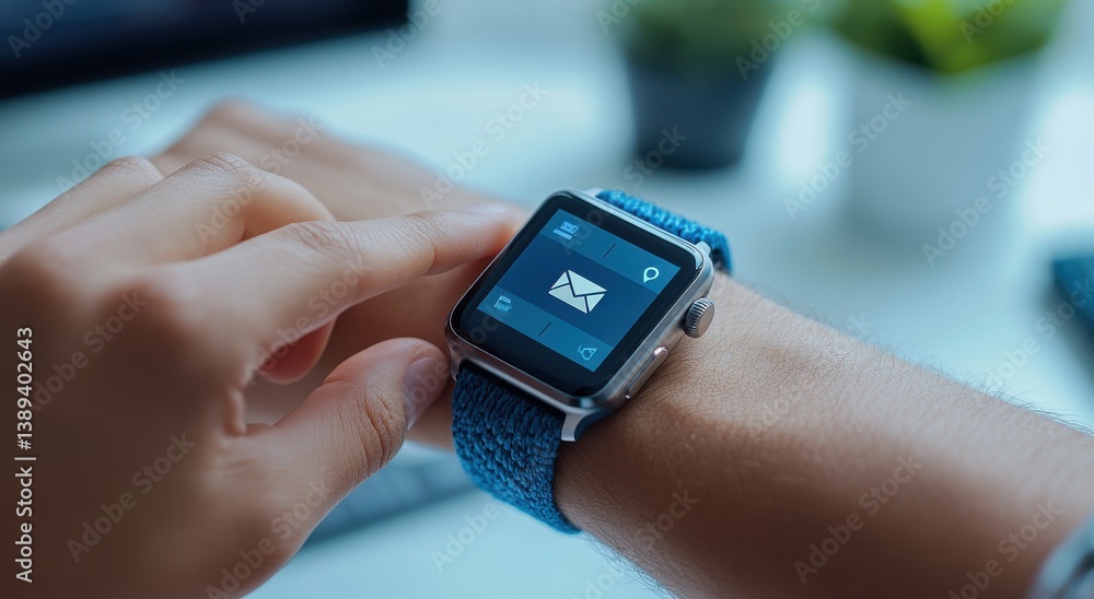Poster close-up of person interacting with smartwatch featuring messaging functionality