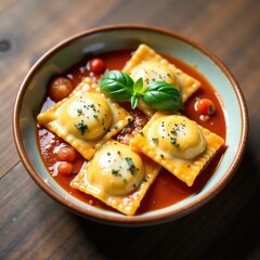 Steamed ravioli with fresh basil and melted mozzarella in a bowl , basil, food, ravioli